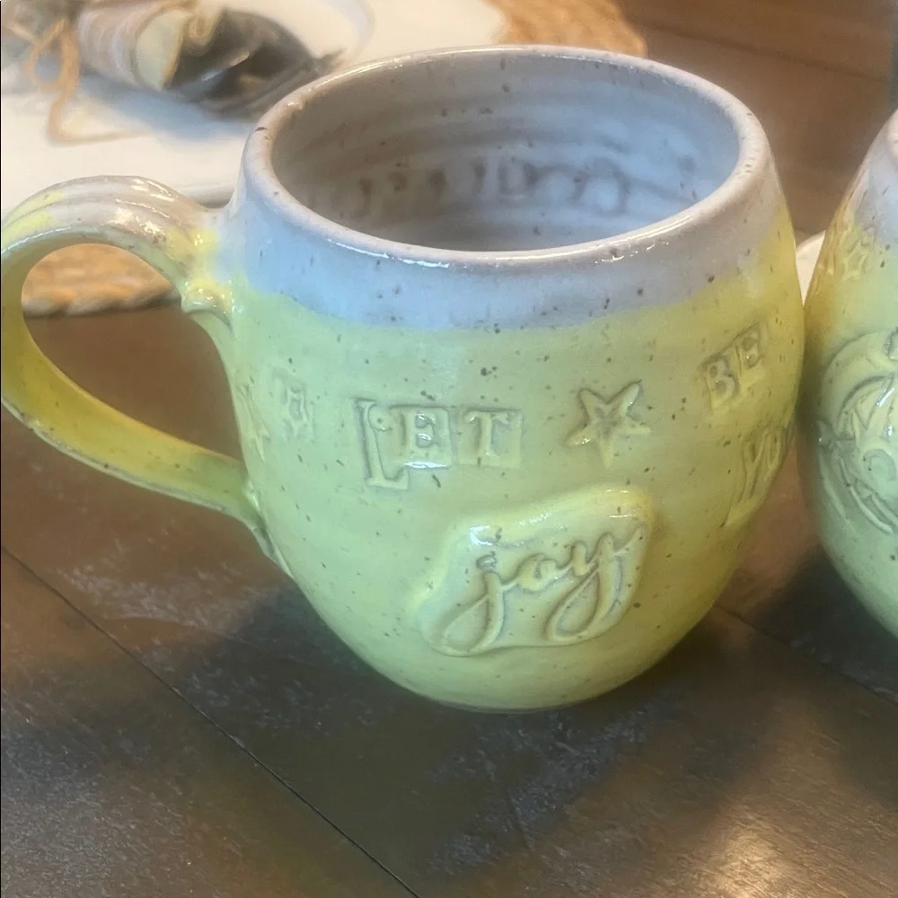 Studio pottery stamped two mug set, unique, inspirational, yellow color gorgeous